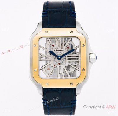 (TW )Best Replica Santos De Cartier Skeleton Two Tone Watch With Blue Leather Strap